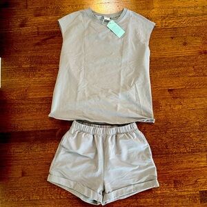 WIHOLL Two Piece Set Crew Neck Lounge Short Sets Cap Sleeve - Grey